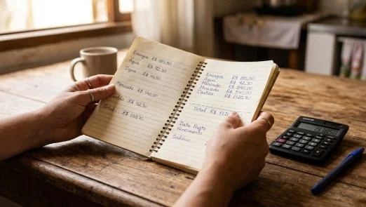 Caderno com contas anotadas